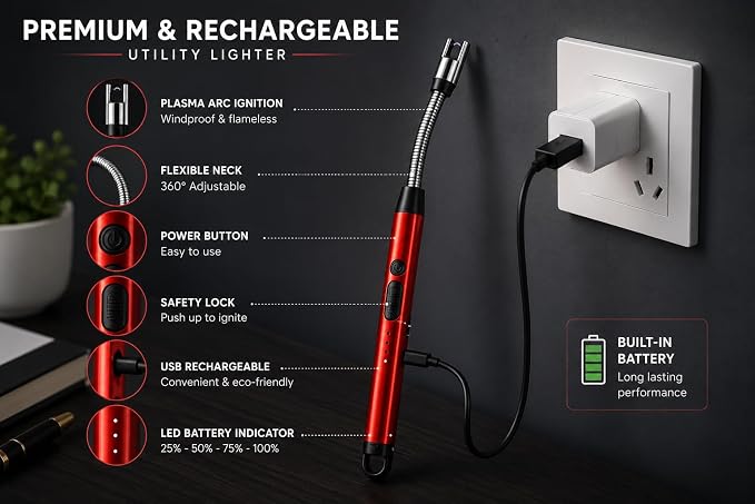 Rechargeable USB Electric Arc Lighter – Flexible Neck, Red