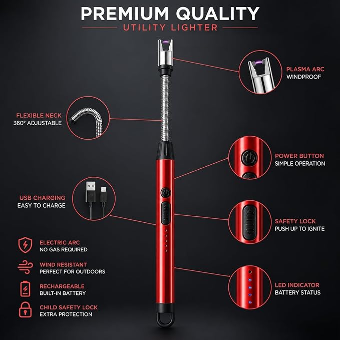 Rechargeable USB Electric Arc Lighter – Flexible Neck, Red